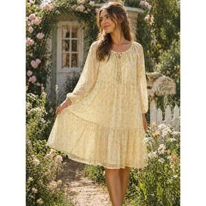 Lovecolette Boutique Floral Boho Cottage Dress Large Lined Vacation Resort